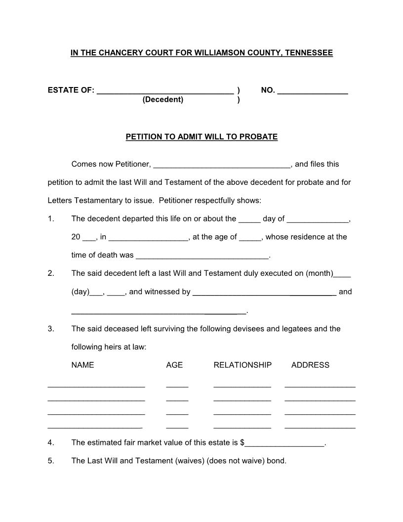 Petition To Admit Will To Probate | Pdf Fpdf Doc Docx | Tennessee