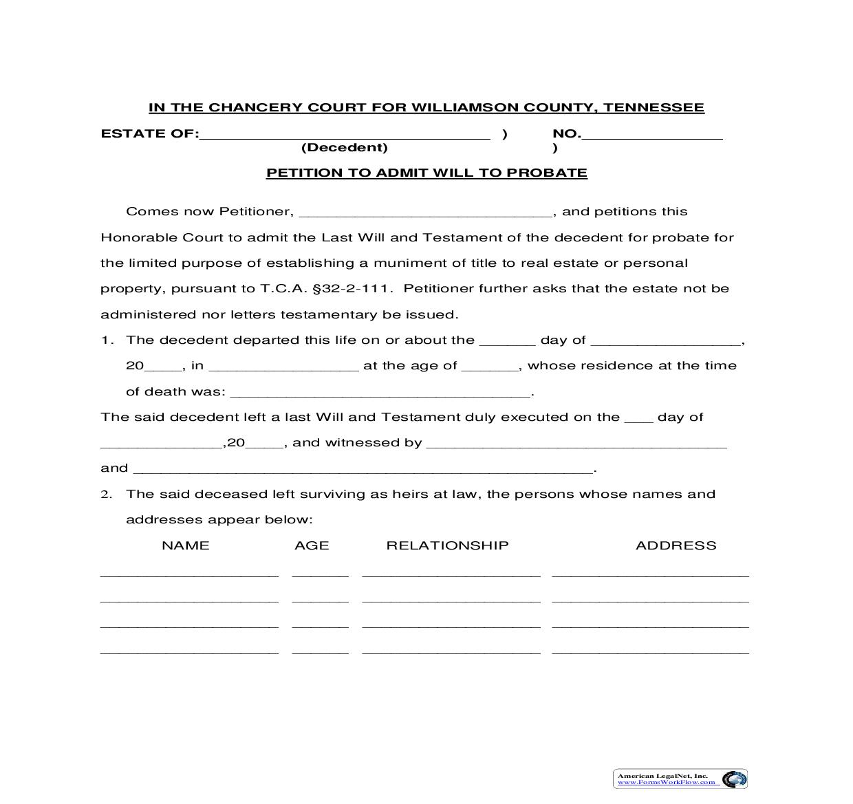 Petition to Admit Will to Probate Muniment of Title | Pdf Fpdf Doc Docx | Tennessee