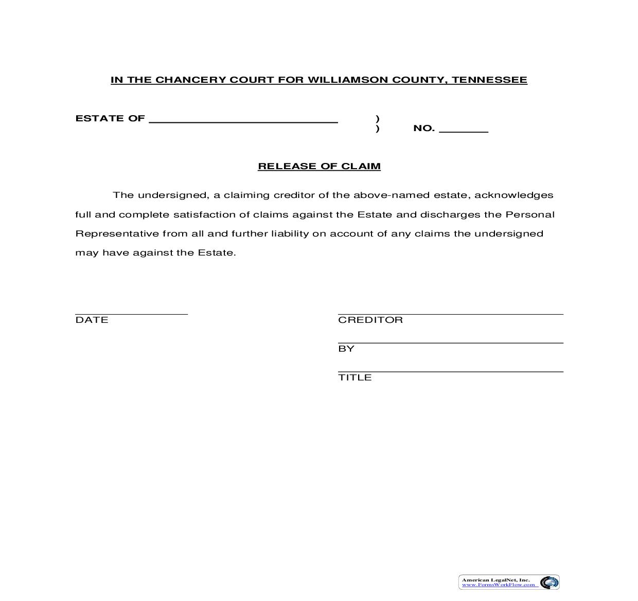 Release Of Claim | Pdf Fpdf Doc Docx | Tennessee