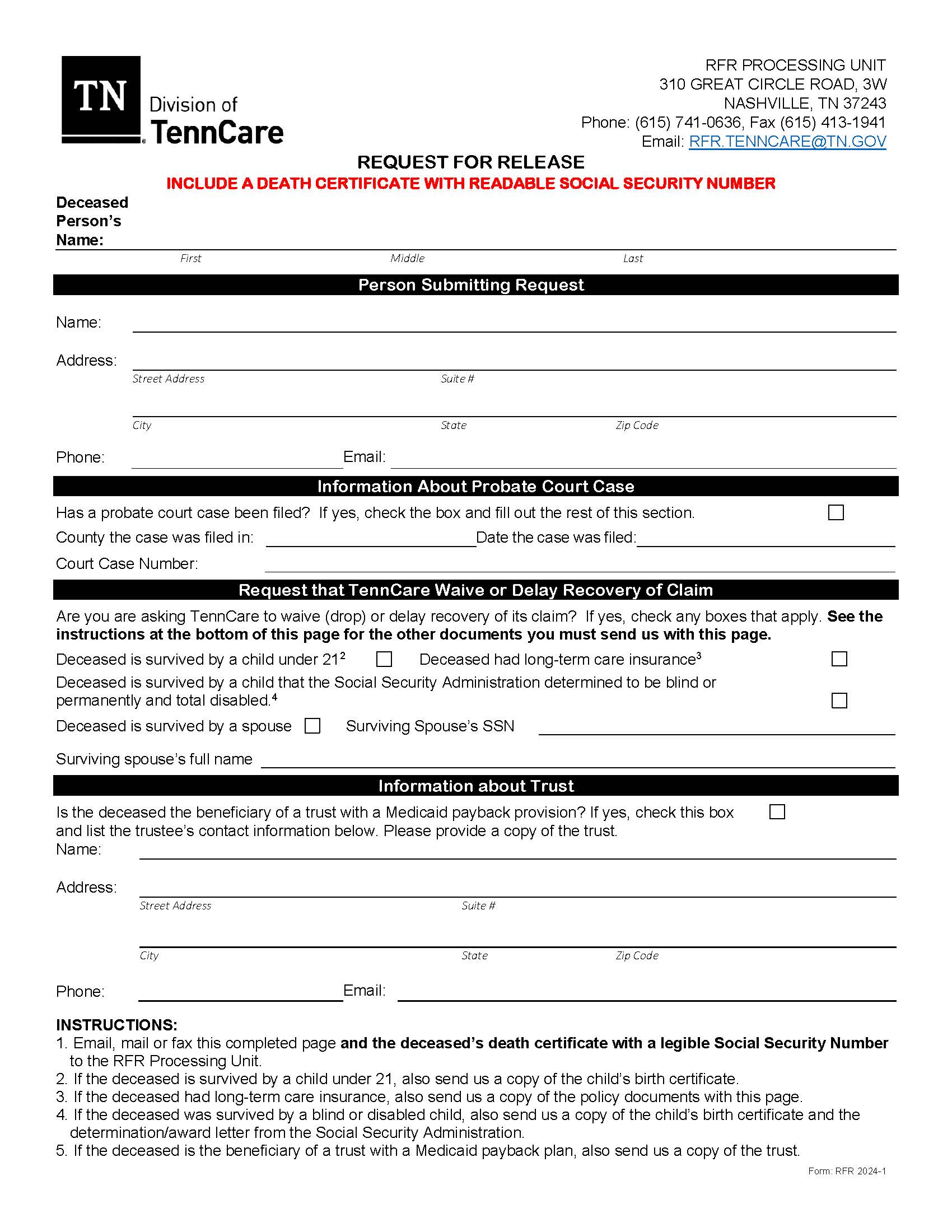 Request for TennCare Release | Pdf Fpdf Docx | Tennessee