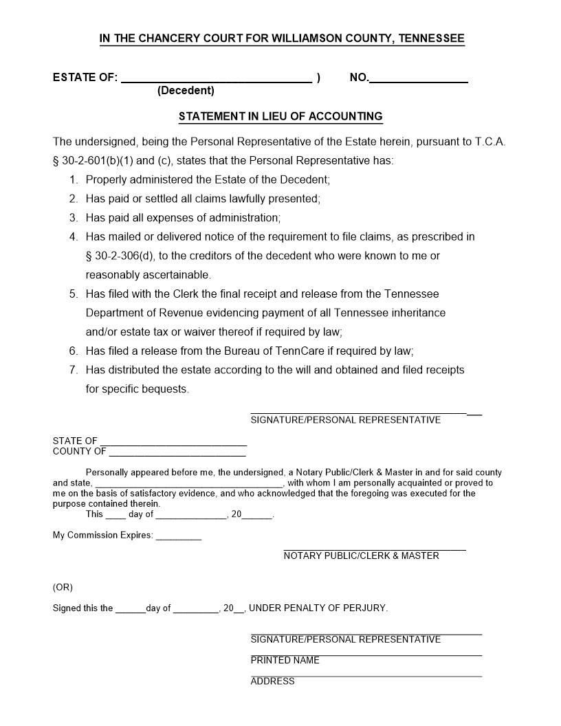 Statement in Lieu of Accounting - Will | Pdf Fpdf Doc Docx | Tennessee