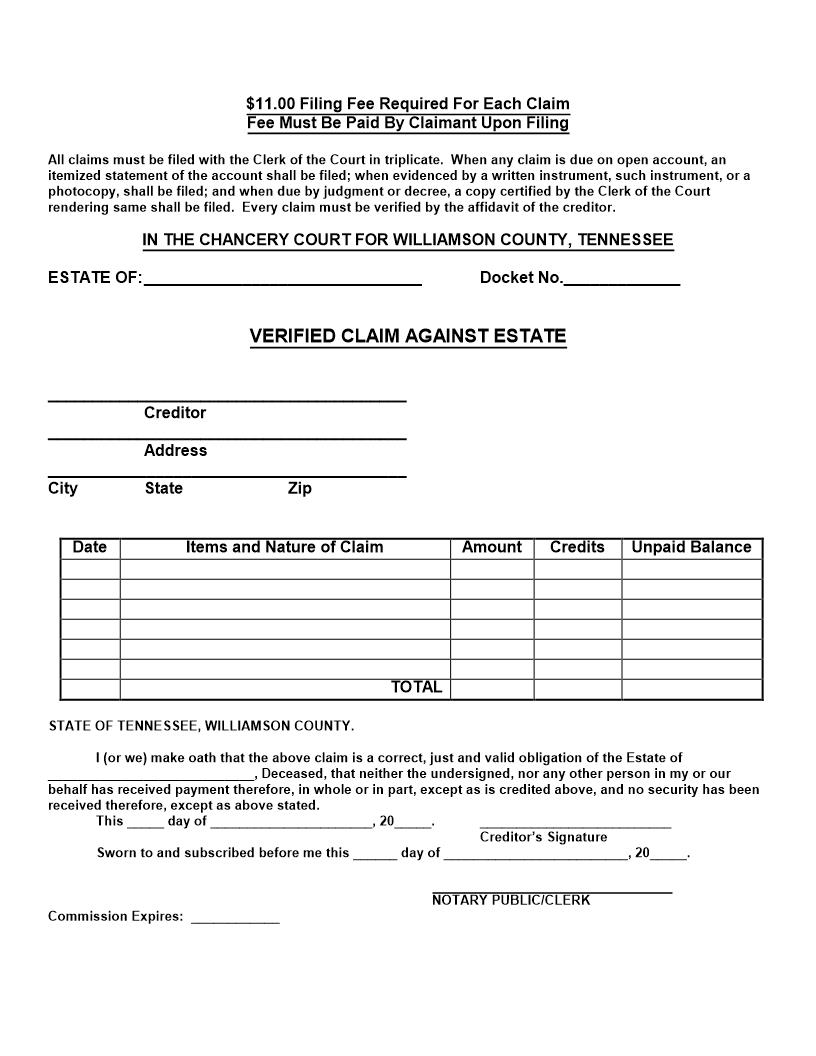 Verified Claim Against Estate | Pdf Fpdf Doc Docx | Tennessee
