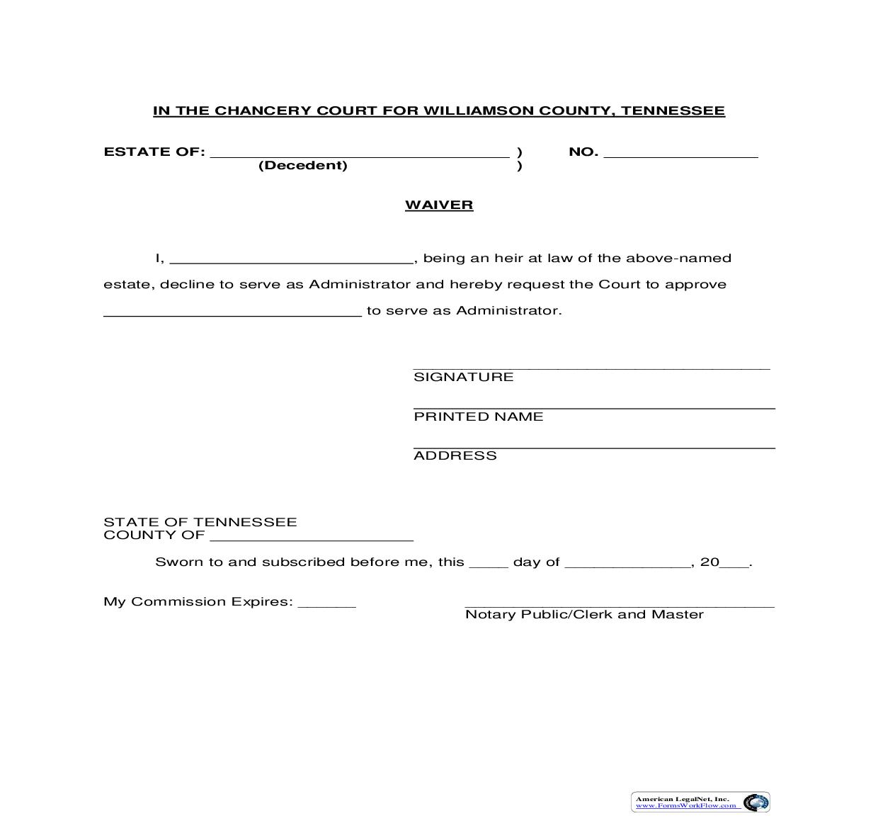Waiver (To Serve As Administrator) | Pdf Fpdf Doc Docx | Tennessee
