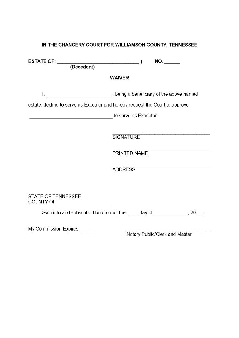 Waiver (To Serve As Executor) | Pdf Fpdf Doc Docx | Tennessee