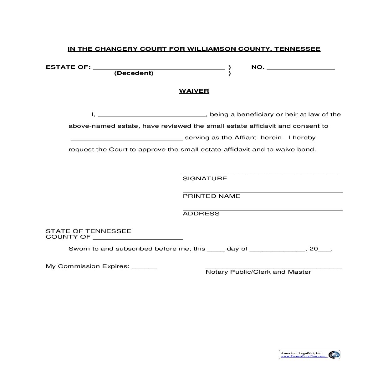 Waiver For Small Estate Affidavit | Pdf Fpdf Doc Docx | Tennessee