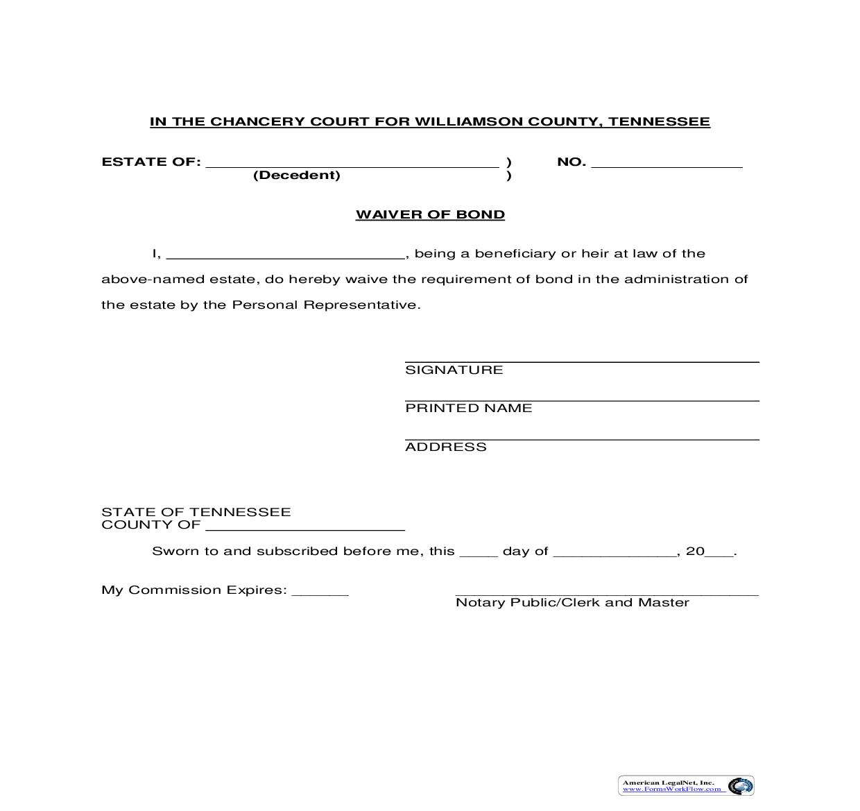 Waiver Of Bond {3} | Pdf Fpdf Doc Docx | Tennessee
