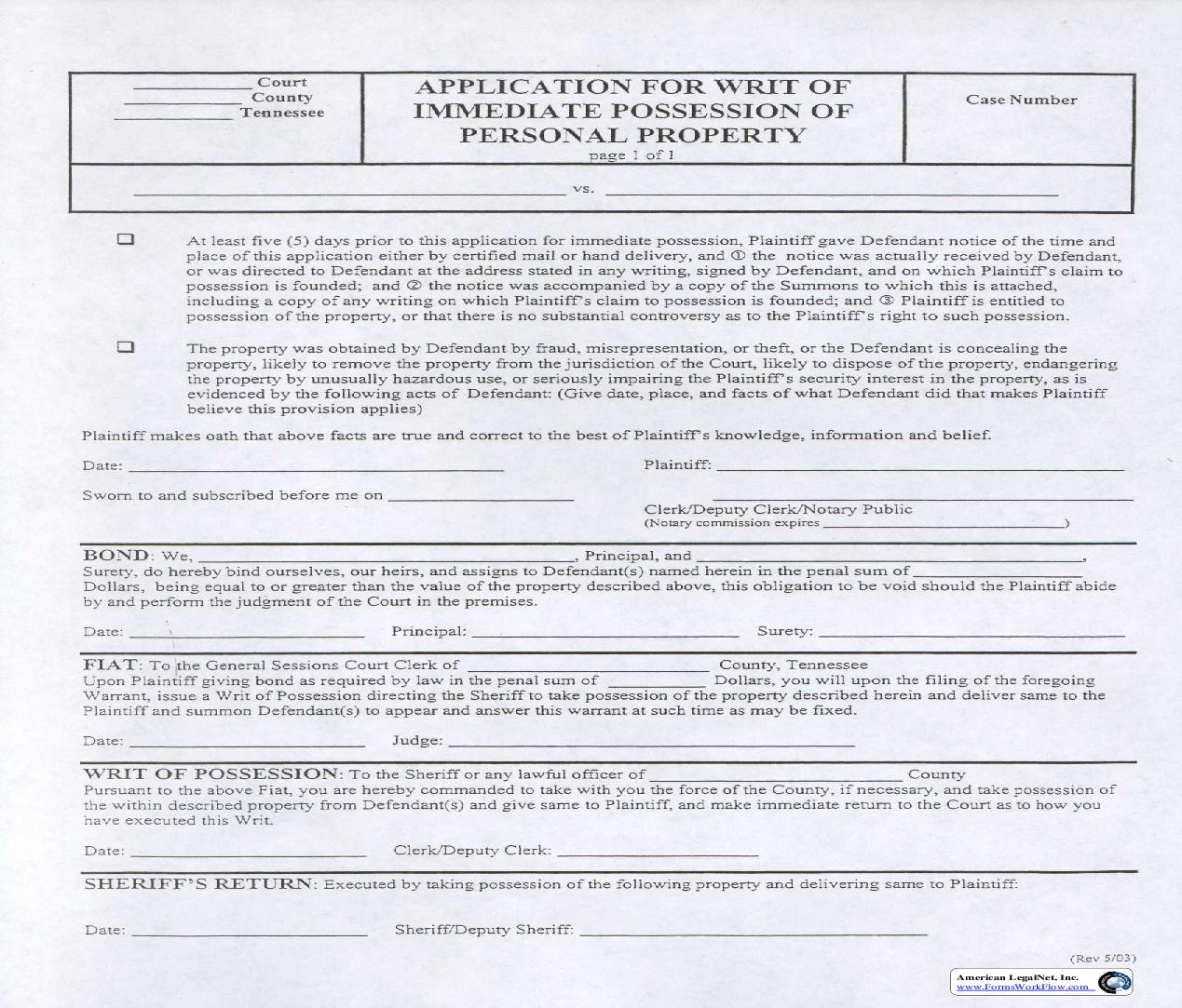 Application For Writ Of Possession | Pdf Fpdf Doc Docx | Tennessee