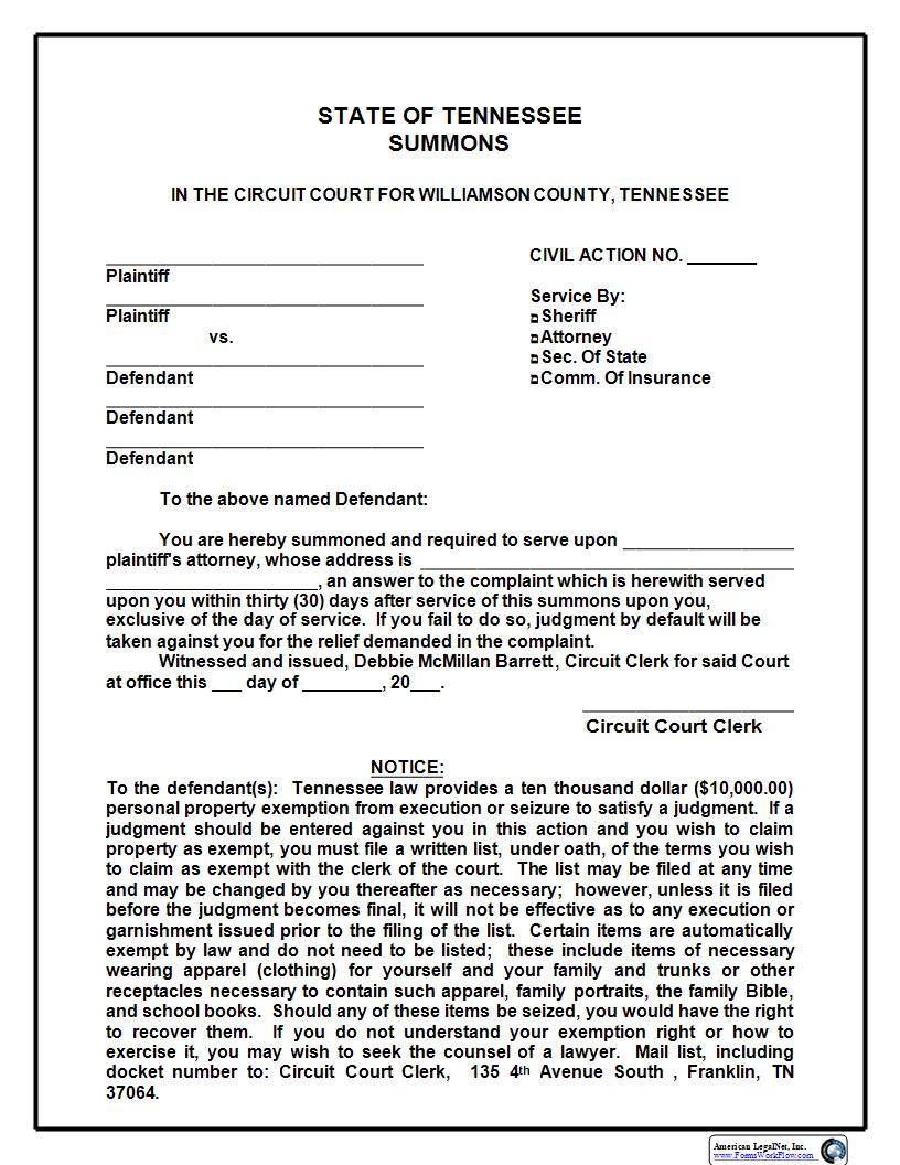 Circuit Court Summons | Pdf Fpdf Docx | Tennessee