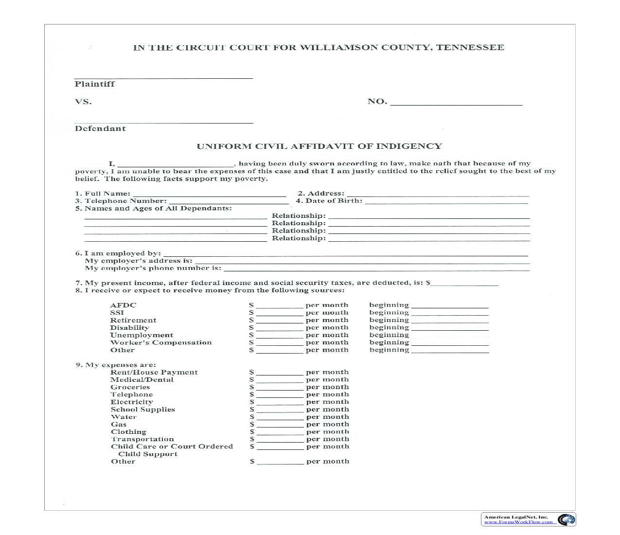 Civil Affidavit Of Indigency | Pdf Fpdf Doc Docx | Tennessee