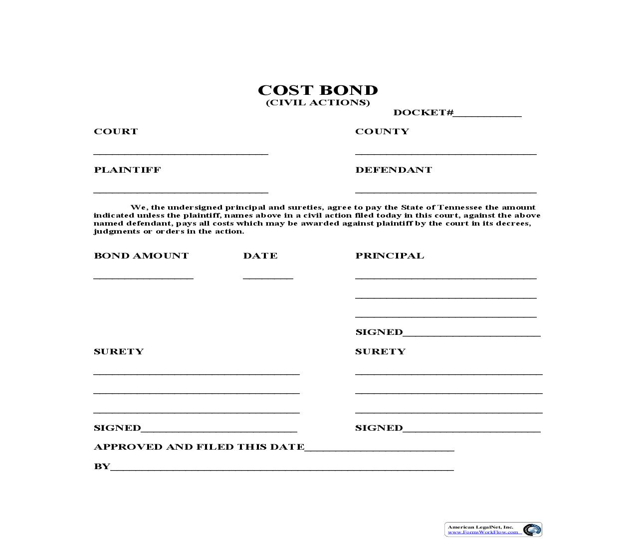 Civil Cost Bond | Pdf Fpdf Doc Docx | Tennessee