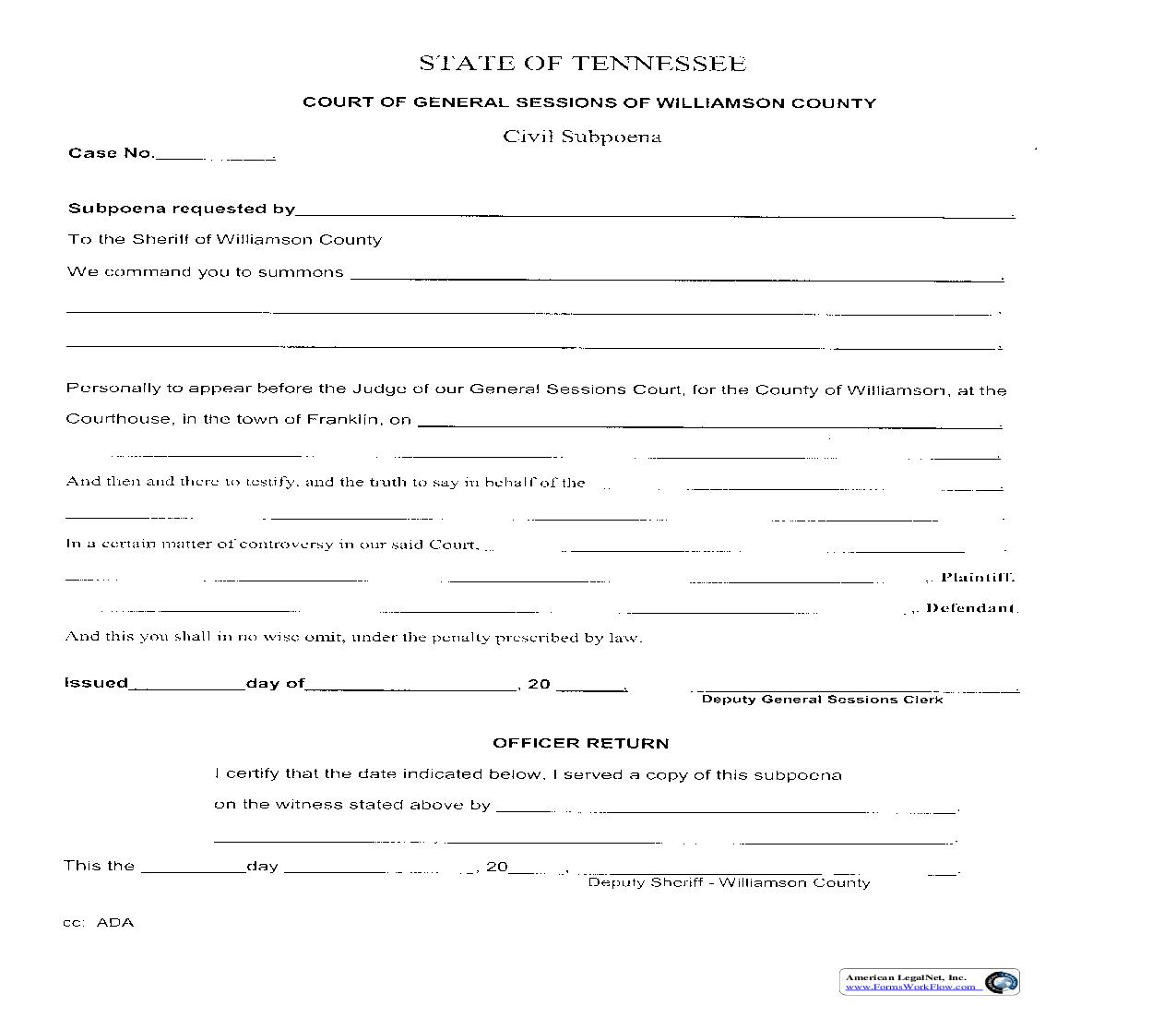 Civil Subpoena (General Sessions) | Pdf Fpdf Doc Docx | Tennessee