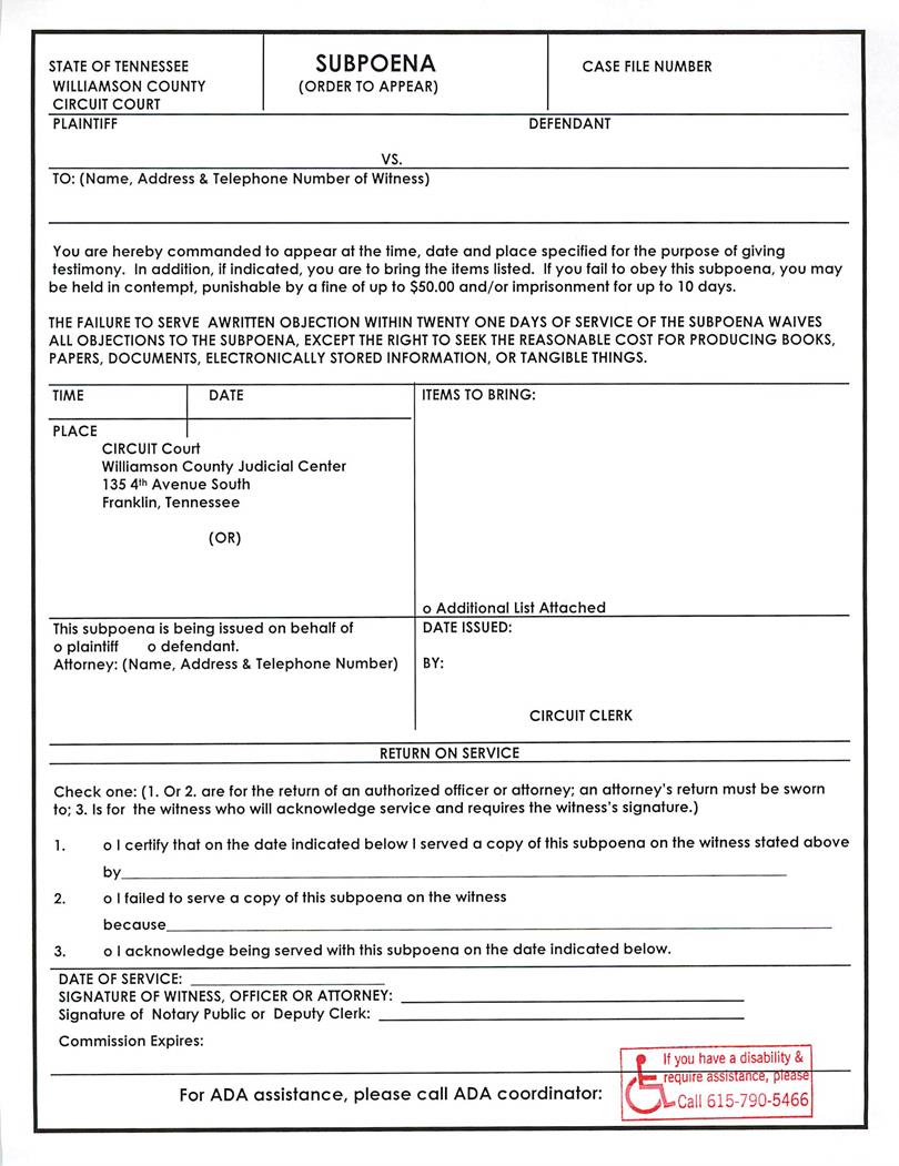 Civil Subpoena For Circuit Court | Pdf Fpdf Docx | Tennessee