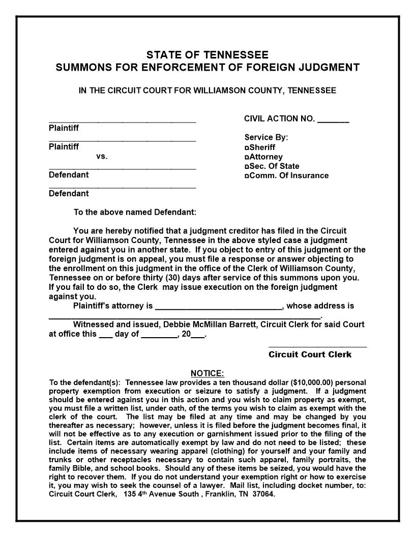 Civil Summons Foreign Judgment | Pdf Fpdf Docx | Tennessee