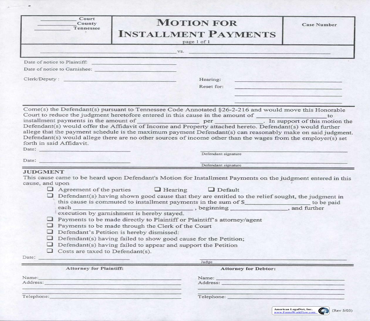 Motion For Installment Of Payments | Pdf Fpdf Doc Docx | Tennessee