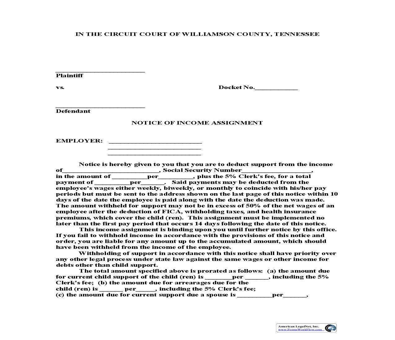 Notice Of Income Assignment | Pdf Fpdf Doc Docx | Tennessee