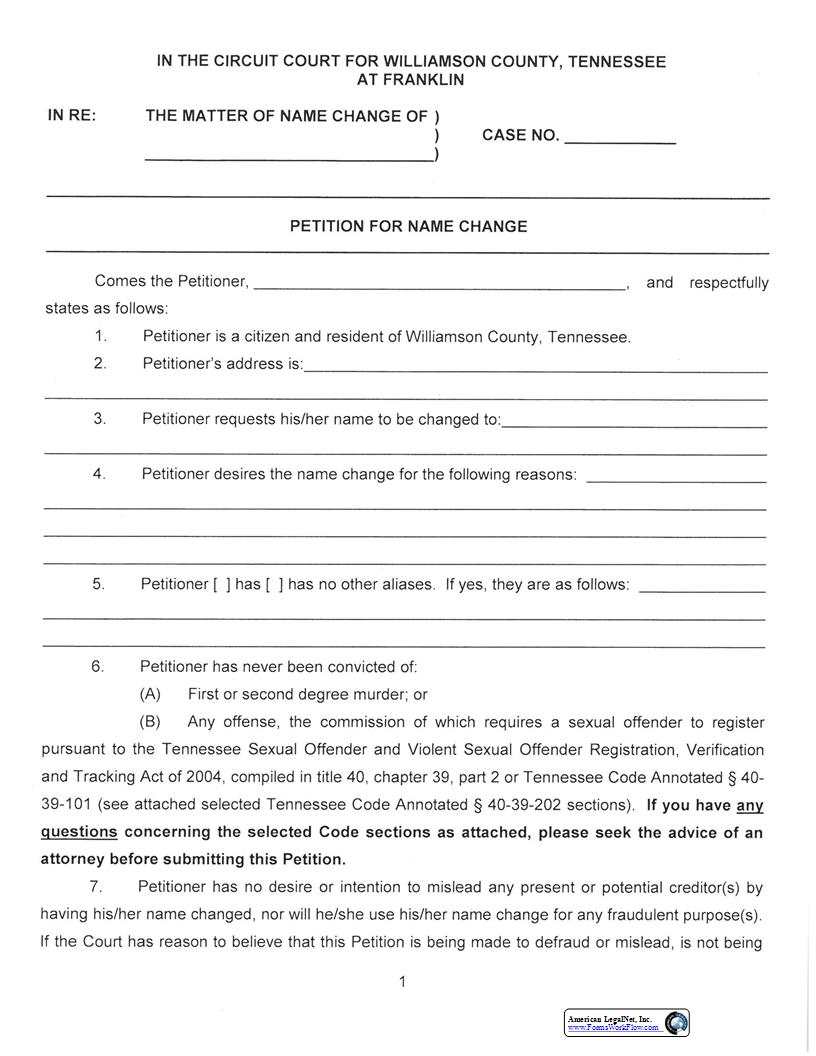Petition For Name Change | Pdf Fpdf Docx | Tennessee