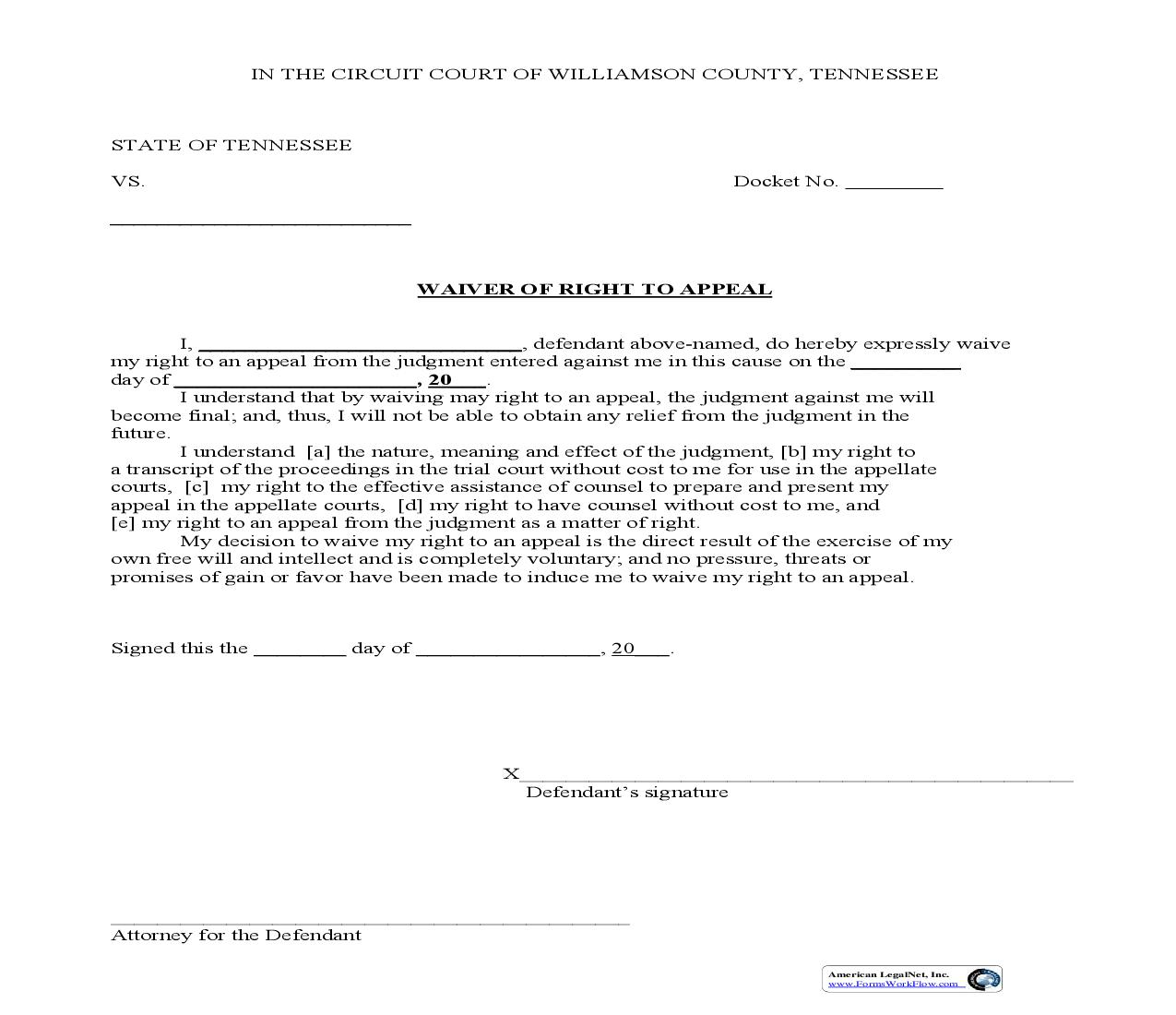 Waiver Of Right To Appeal | Pdf Fpdf Doc Docx | Tennessee