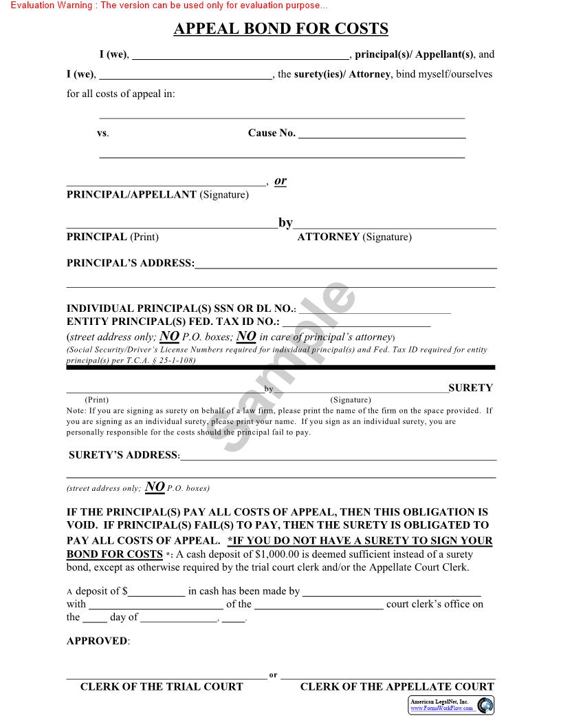 Appeal Bond For Costs | Pdf Fpdf Doc Docx | Tennessee