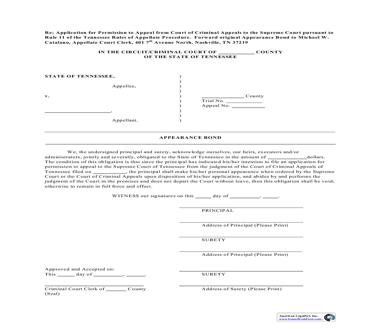 Appearance Bond (Criminal) | Pdf Fpdf Doc Docx | Tennessee