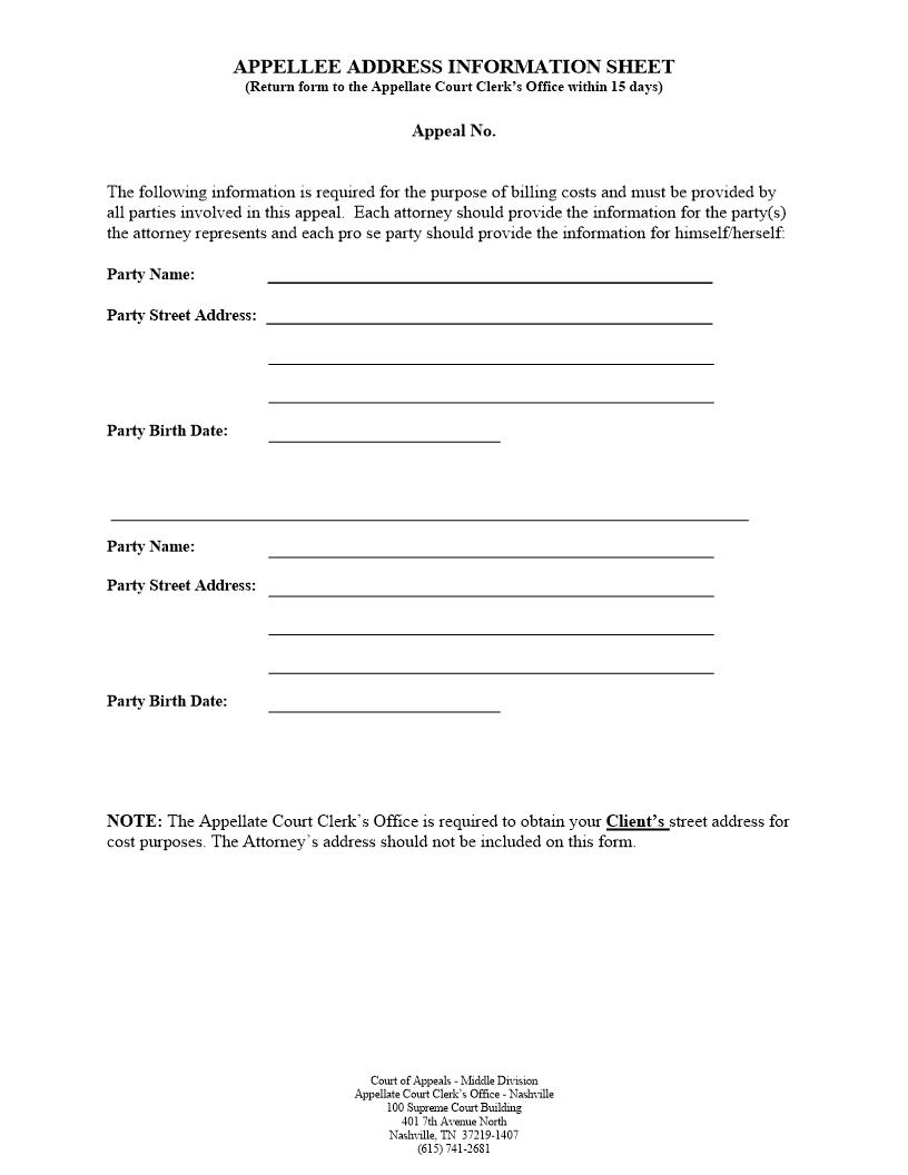 Appellee Address Form | Pdf Fpdf Docx | Tennessee