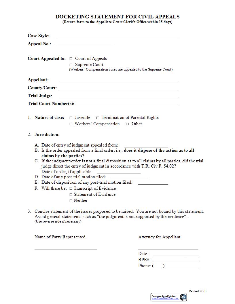 Docketing Statement (Civil) | Pdf Fpdf Docx | Tennessee
