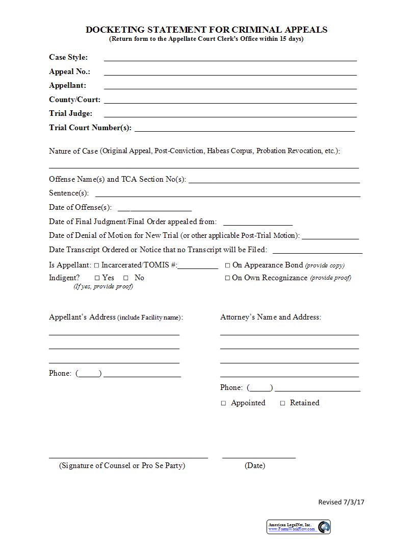 Docketing Statement (Criminal) | Pdf Fpdf Docx | Tennessee
