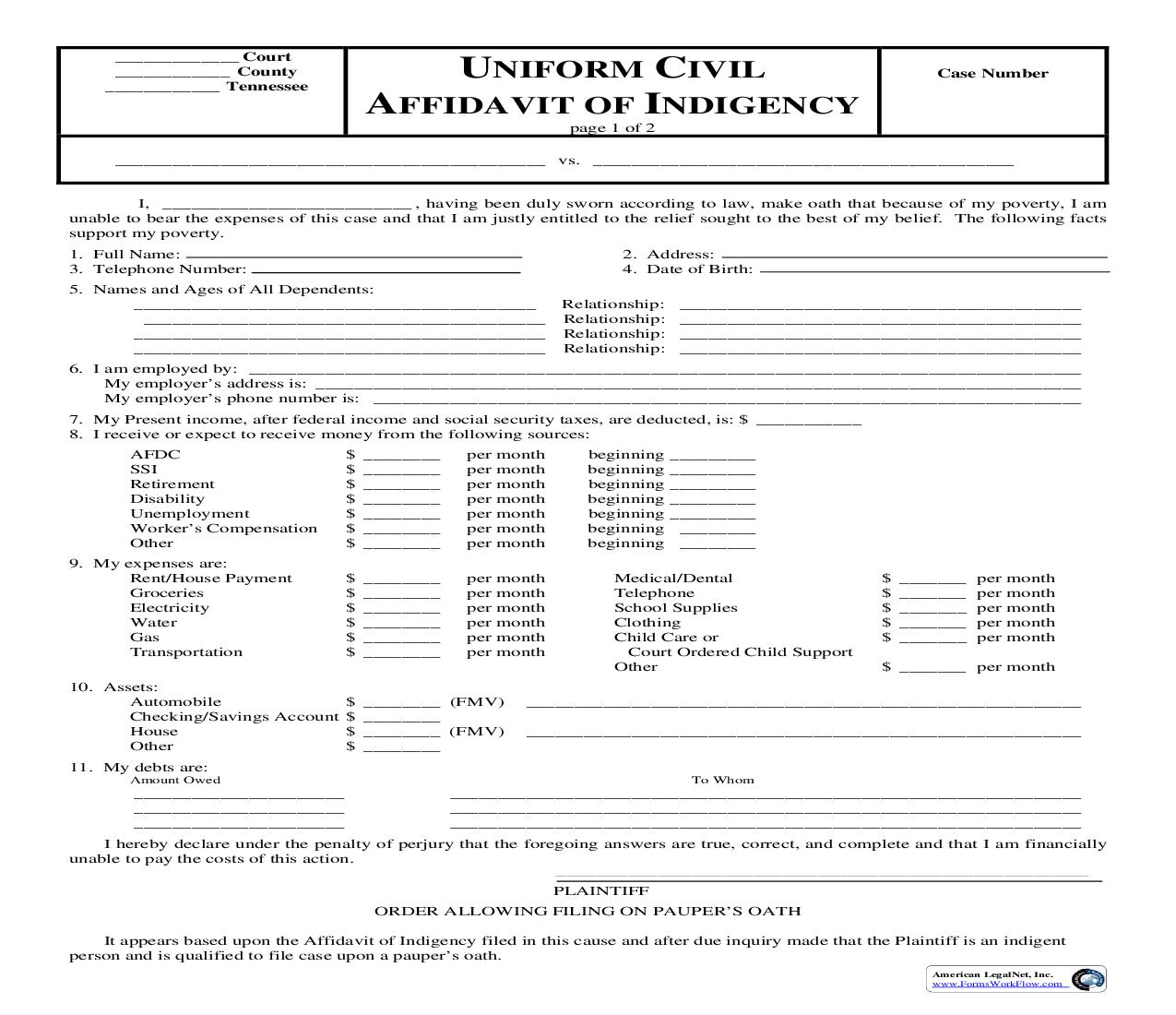 Uniform Affidavit Of Indigency (Civil) | Pdf Fpdf Doc Docx | Tennessee