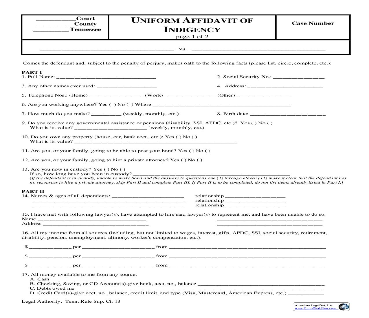 Uniform Affidavit Of Indigency (Criminal) | Pdf Fpdf Doc Docx | Tennessee