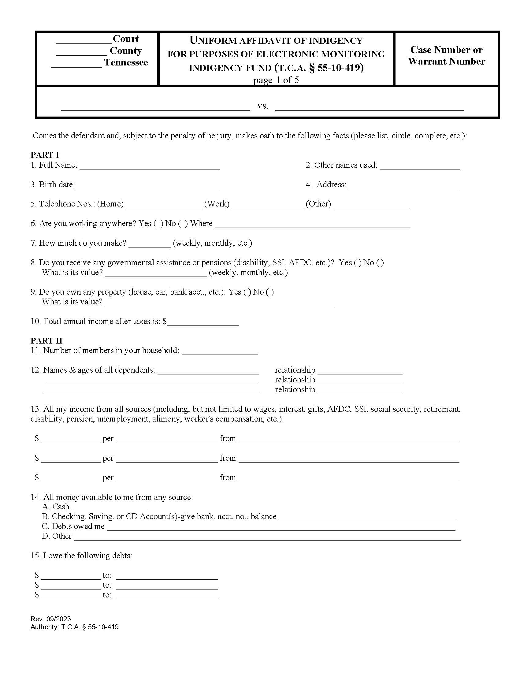 Uniform Affidavit Of Indigency For DUI Monitoring Fund | Pdf Fpdf Docx | Tennessee