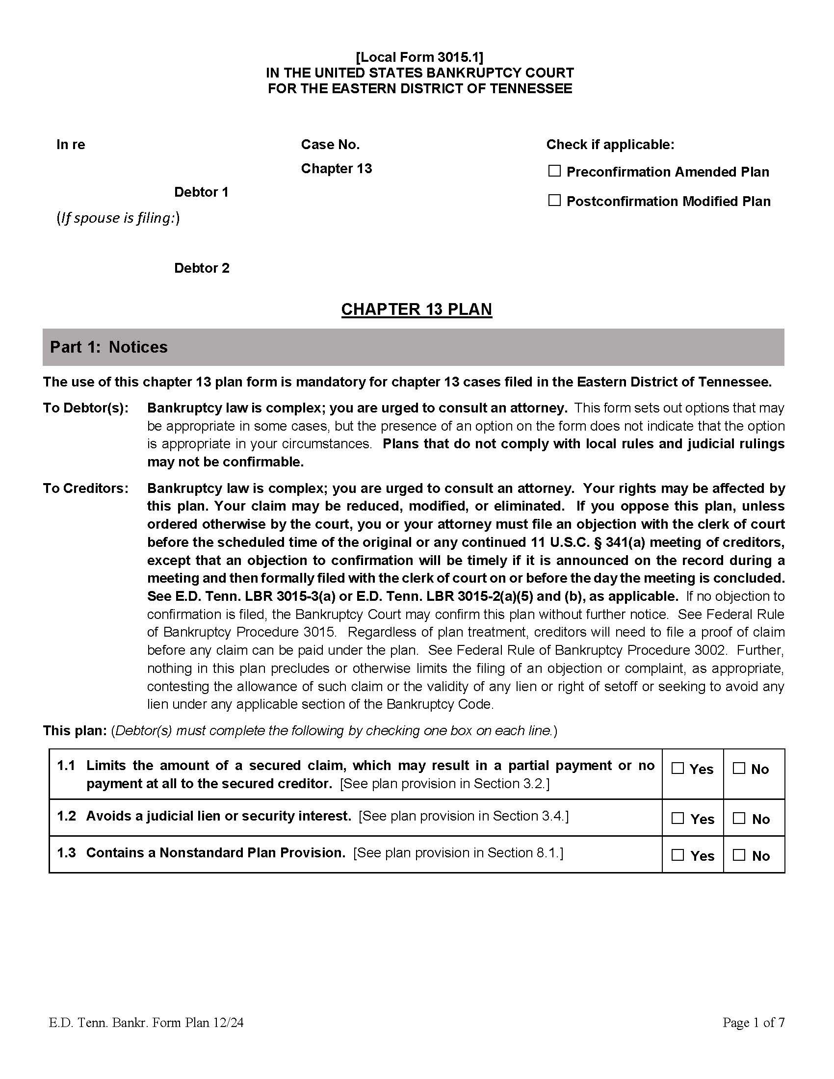 Chapter 13 Plan {3015.1} | Pdf Fpdf Docx | Tennessee