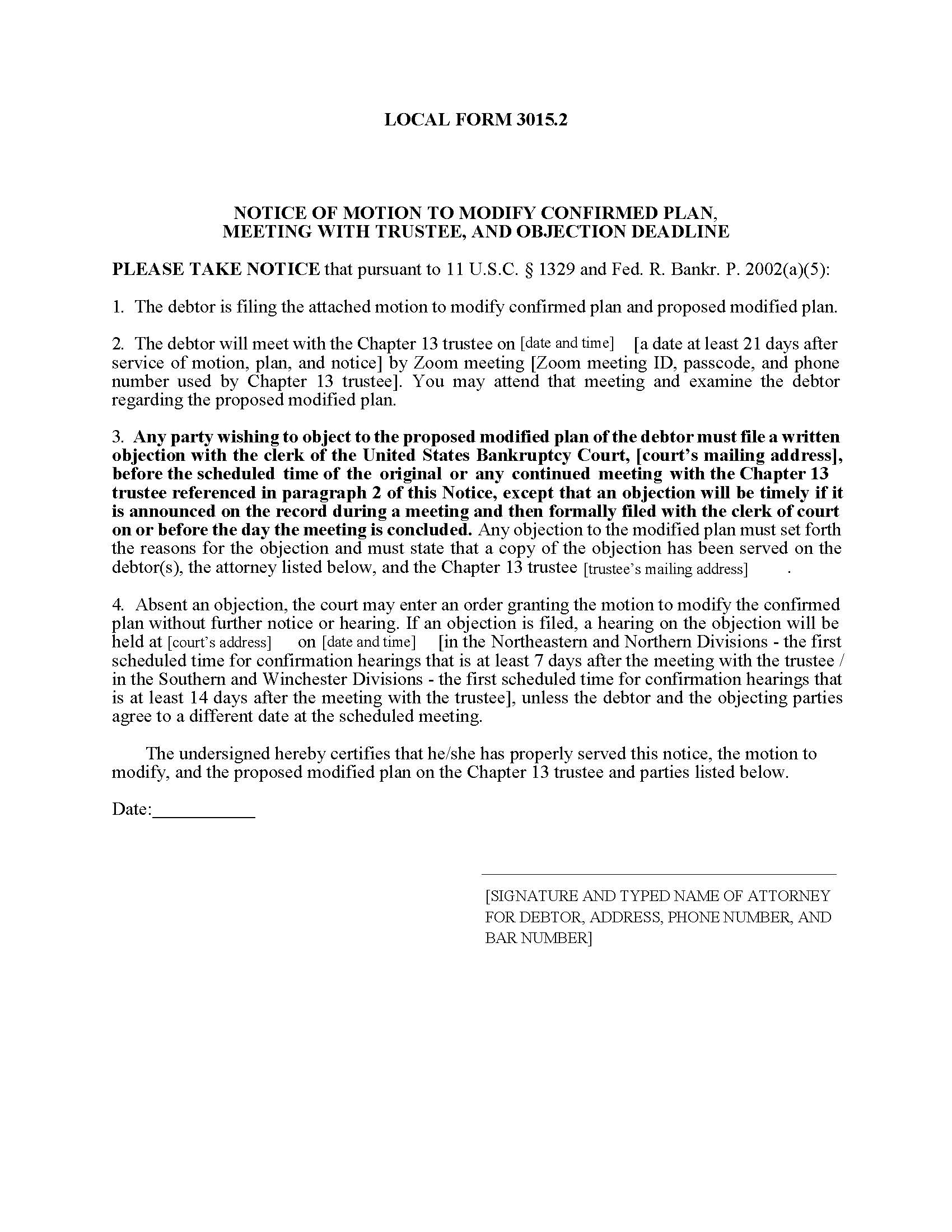 Notice Of Motion To Modify Confirmed Plan {3015.2} | Pdf Fpdf Docx | Tennessee