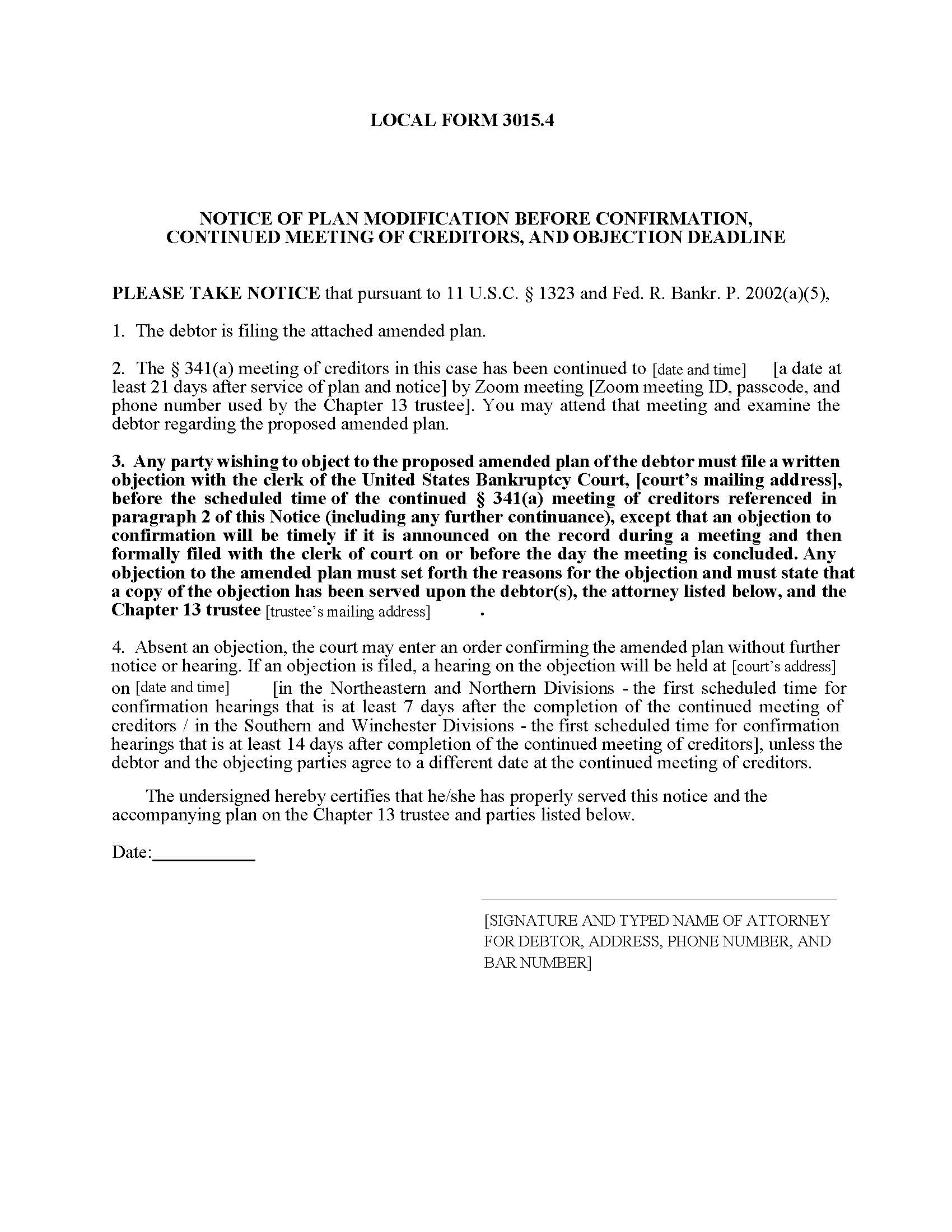 Notice Of Plan Modification Before Confirmation {3015.4} | Pdf Fpdf Docx | Tennessee