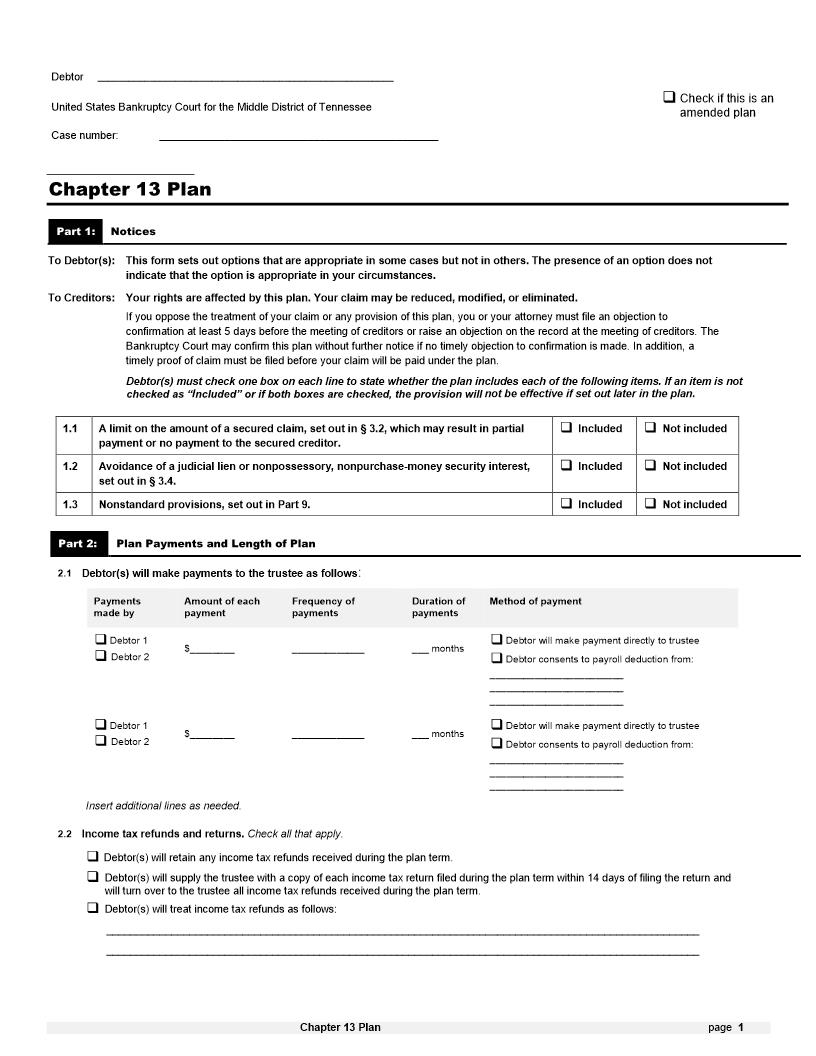 Chapter 13 Plan | Pdf Fpdf Docx | Tennessee