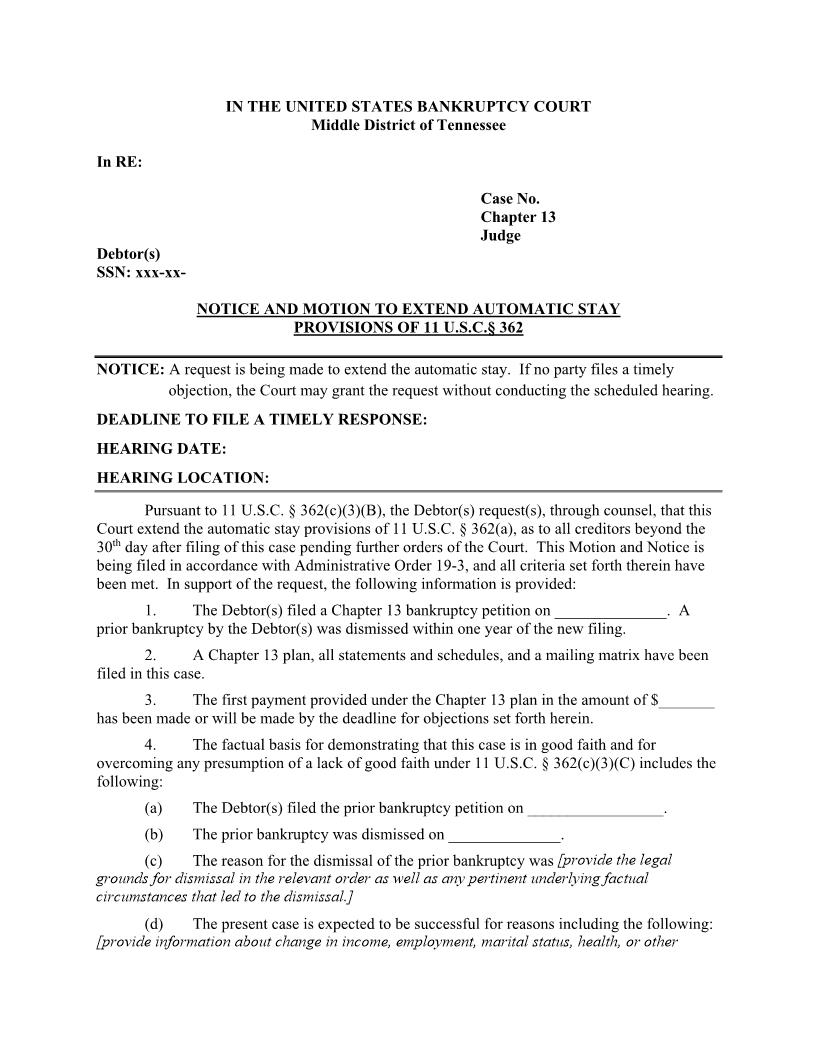 Motion And Order To Extend Automatic Stay | Pdf Fpdf Docx | Tennessee