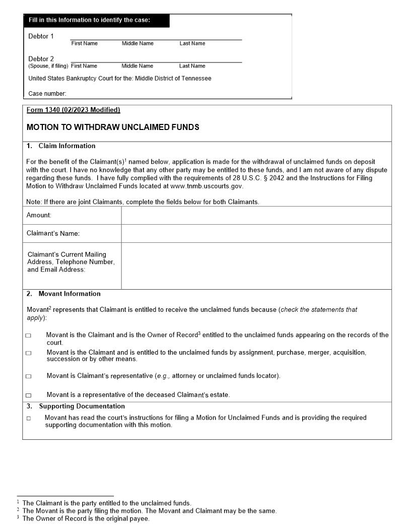 Motion To Withdraw Unclaimed Funds | Pdf Fpdf Docx | Tennessee