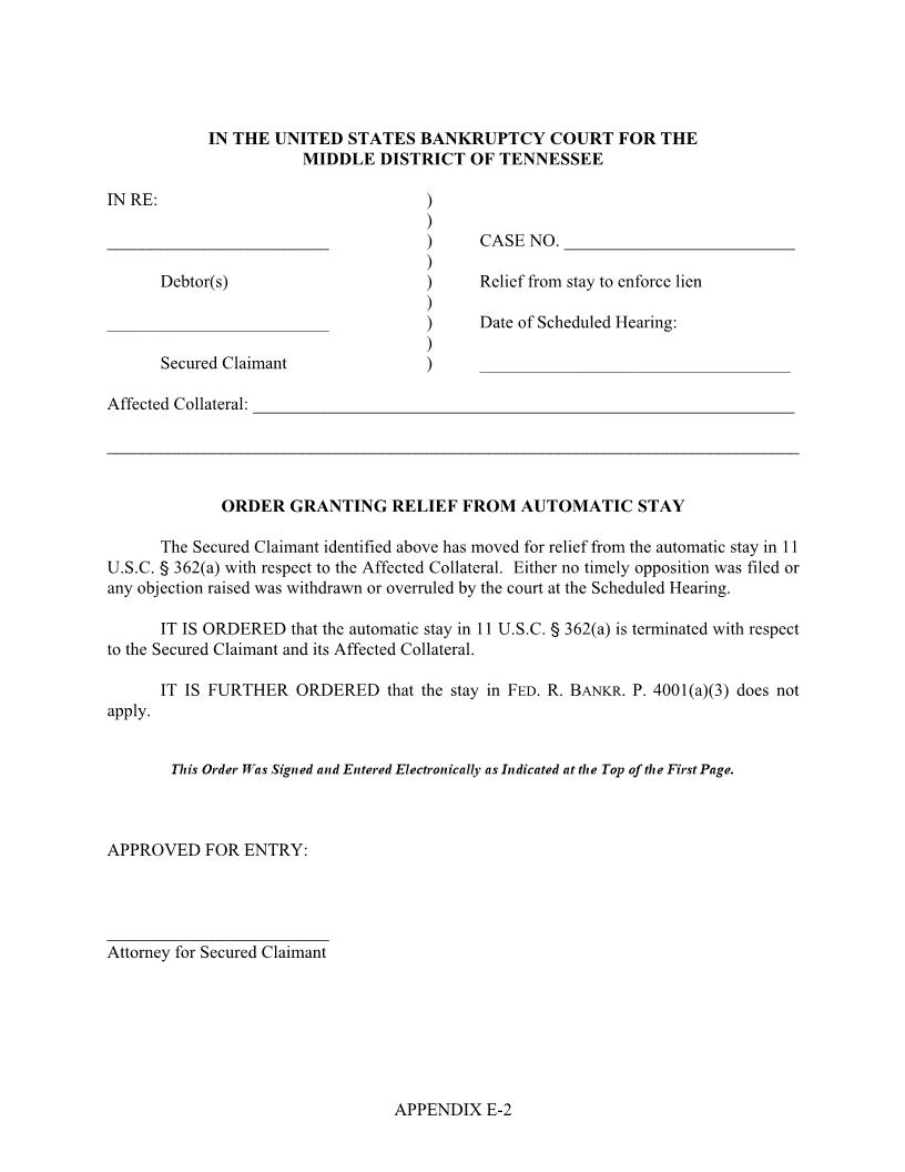 Order Granting Relief From Automatic Stay {E2} | Pdf Fpdf Docx | Tennessee