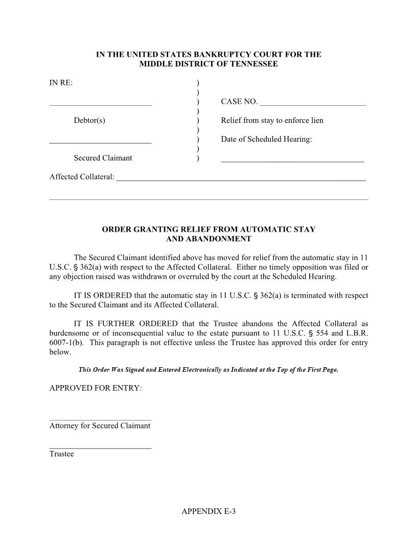 Order Granting Relief From Automatic Stay And Abandonment {E3} | Pdf Fpdf Docx | Tennessee
