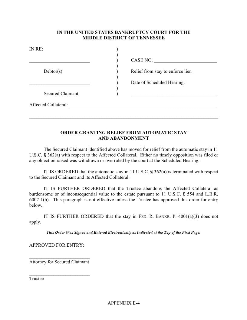 Order Granting Relief From Automatic Stay And Abandonment {E4} | Pdf Fpdf Docx | Tennessee