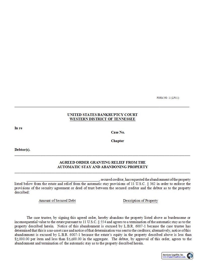 Agreed Order Granting Relief From Automatic Stay And Abandoning Property {LF011} | Pdf Fpdf Docx | Tennessee