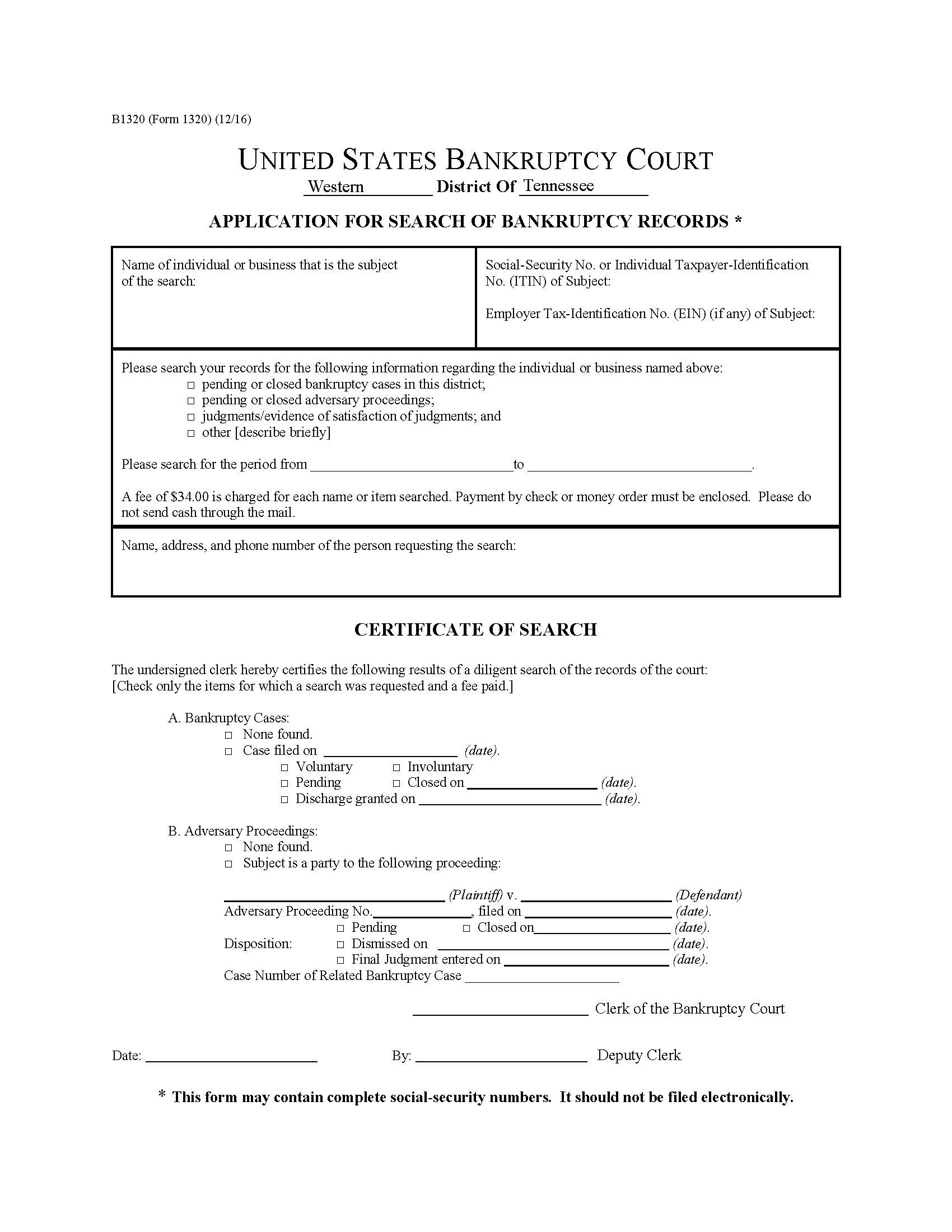 Application For Search Of Bankruptcy Records {AOB1320} | Pdf Fpdf Docx | Tennessee