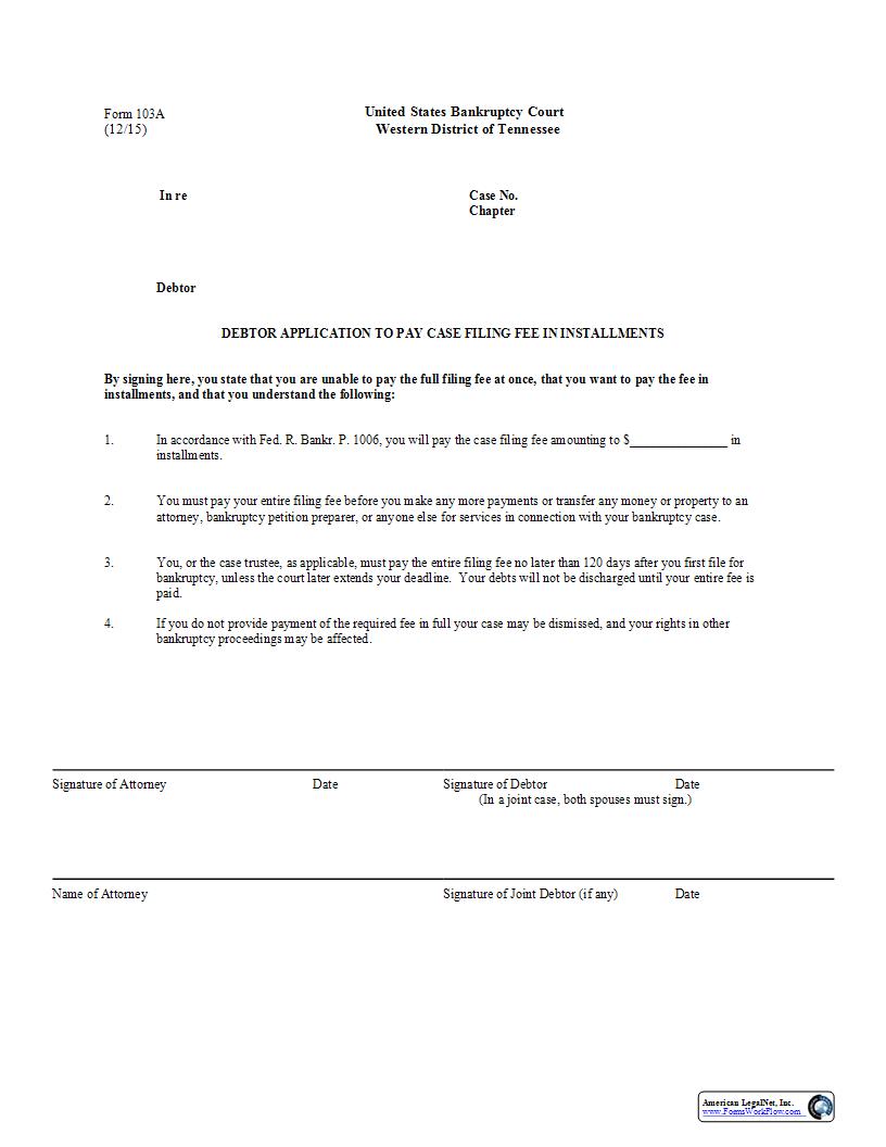 Application To Pay Filing Fee In Installments {103A} | Pdf Fpdf Docx | Tennessee