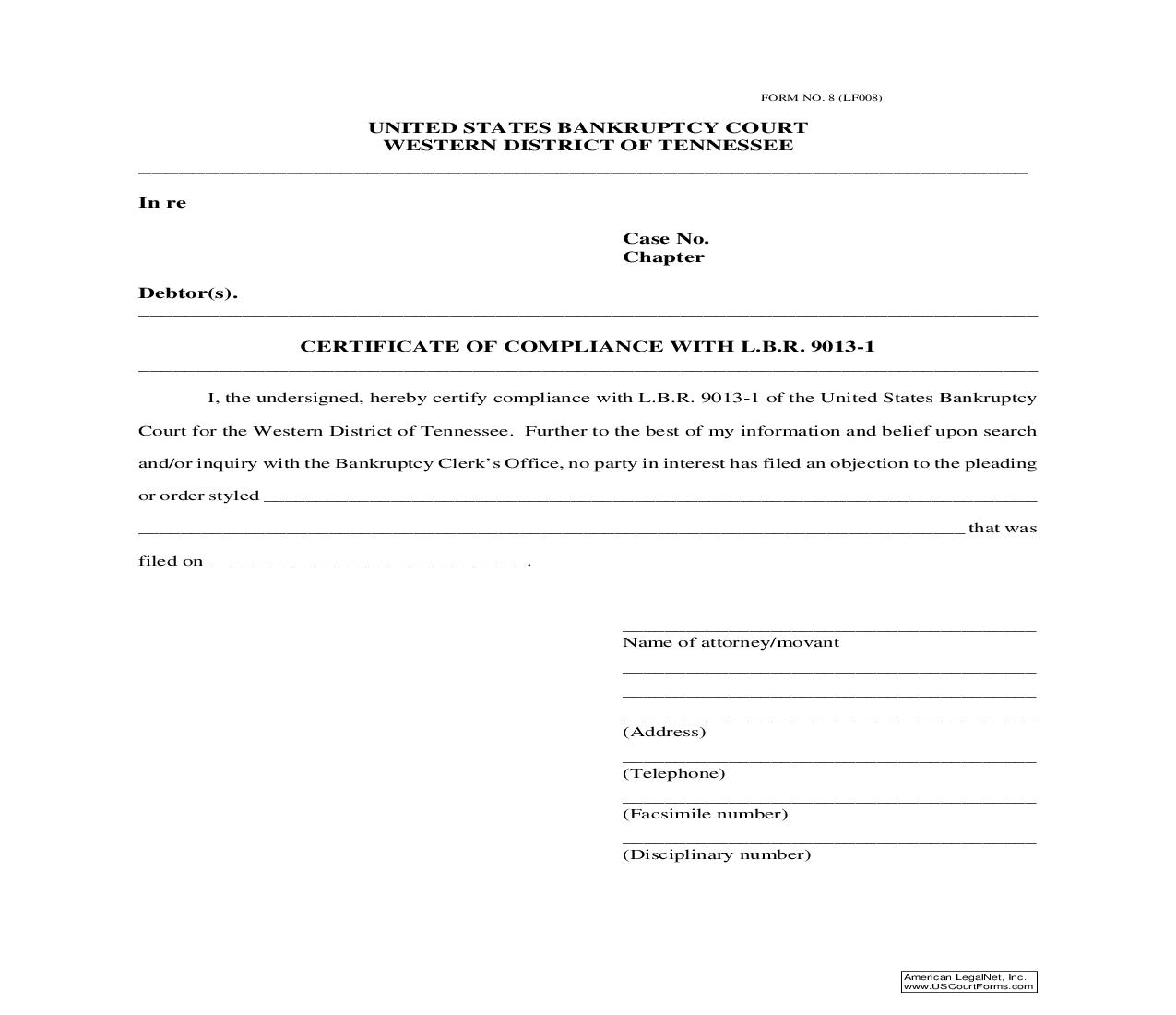 Certificate Of Compliance With LBR 9013-1 {LF008} | Pdf Fpdf Doc Docx | Tennessee