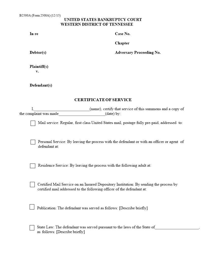 Certificate Of Service {AOB2500A} | Pdf Fpdf Docx | Tennessee