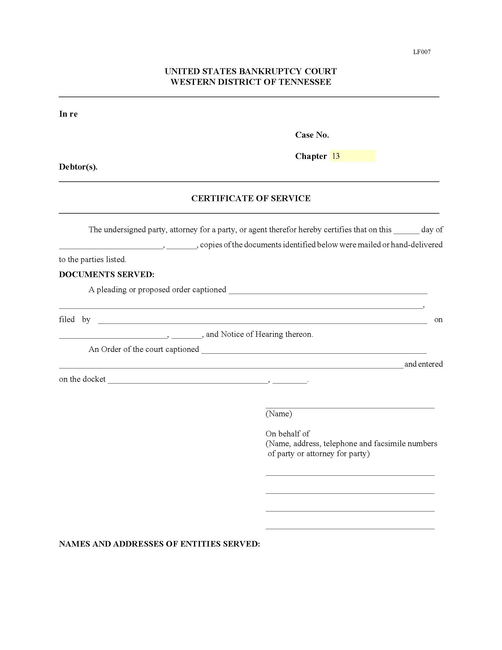 Certificate Of Service {LF007} | Pdf Fpdf Doc Docx | Tennessee