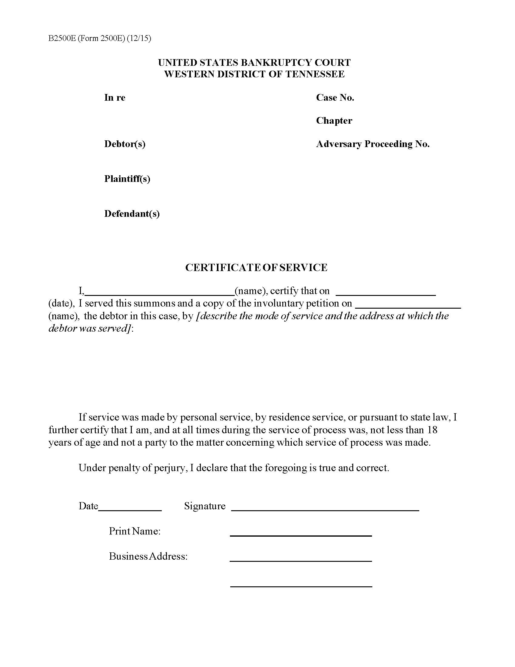Certificate Of Service Re Summons To Debtor In Involuntary Case {2500E} | Pdf Fpdf Doc Docx | Tennessee