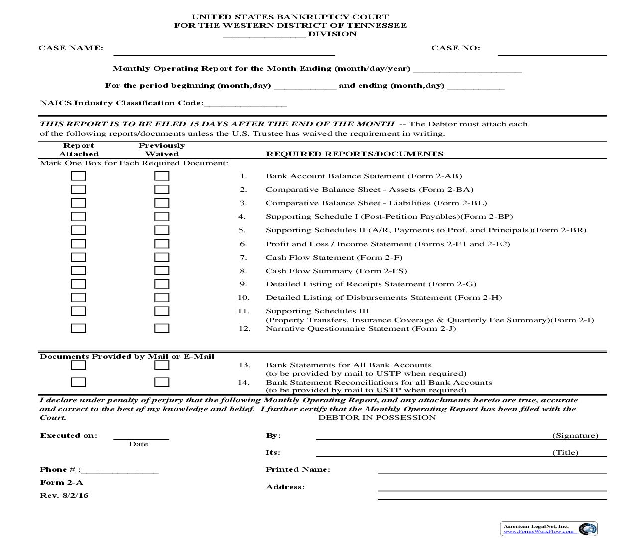 Chapter 11 Monthly Operating Report {MISC048} | Pdf Fpdf Doc Docx | Tennessee