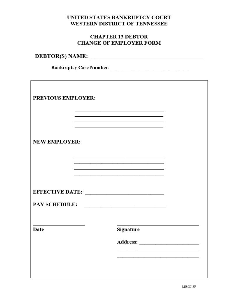 Chapter 13 Debtor Change Of Employer {MISC018F} | Pdf Fpdf Docx | Tennessee