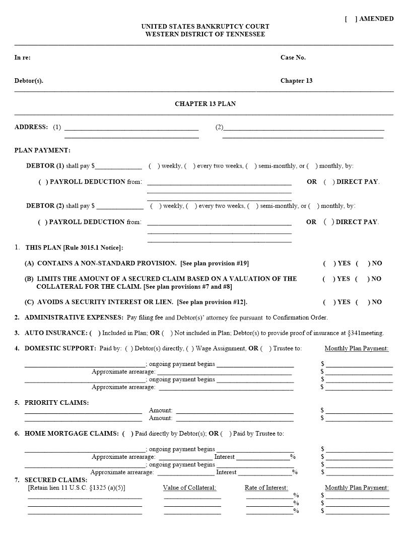 Chapter 13 Plan {LF002F1} | Pdf Fpdf Docx | Tennessee