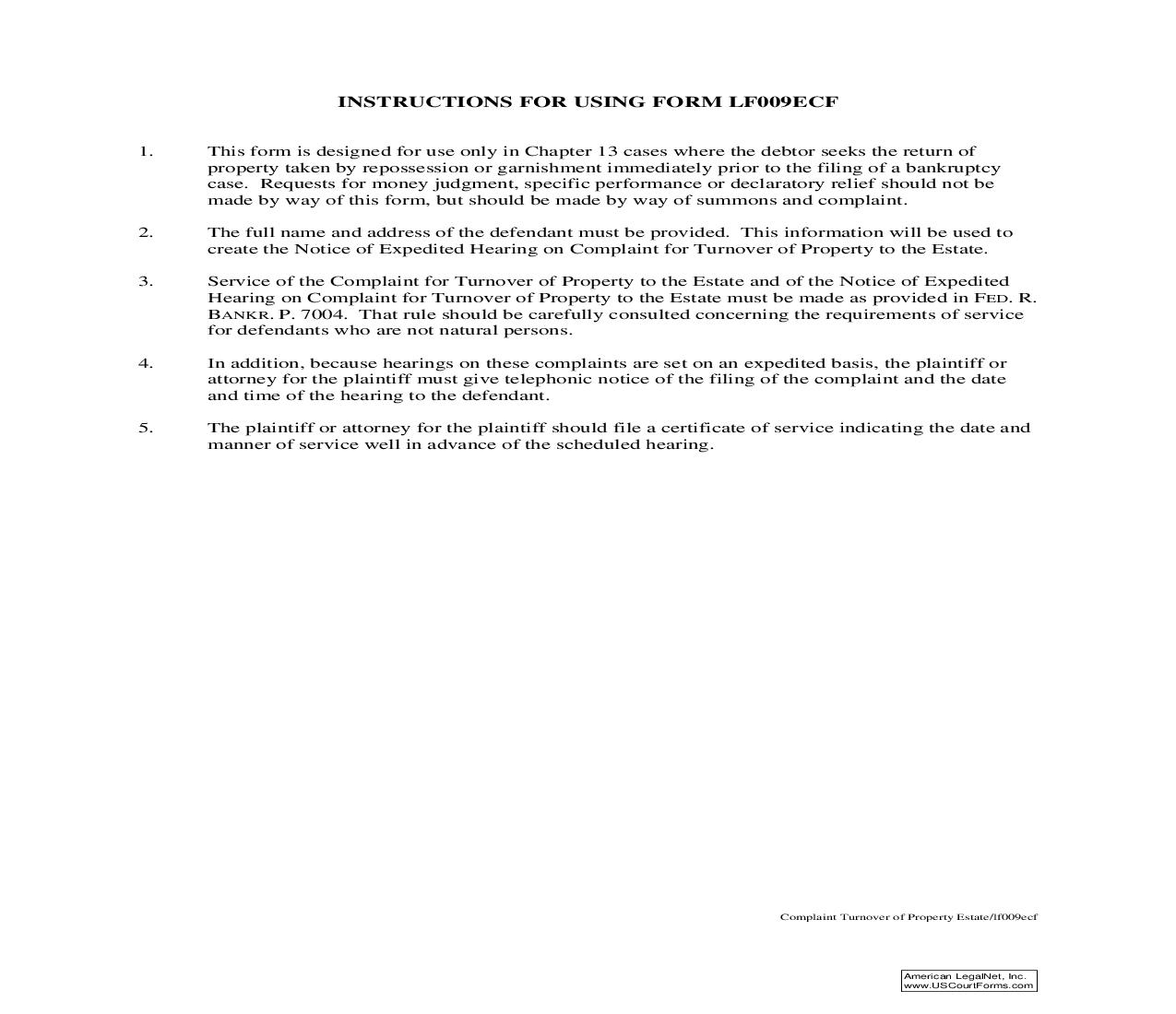 Complaint For Turnover Of Property To The Estate Instructions {LF009ECINFO} | Pdf Fpdf Doc Docx | Tennessee