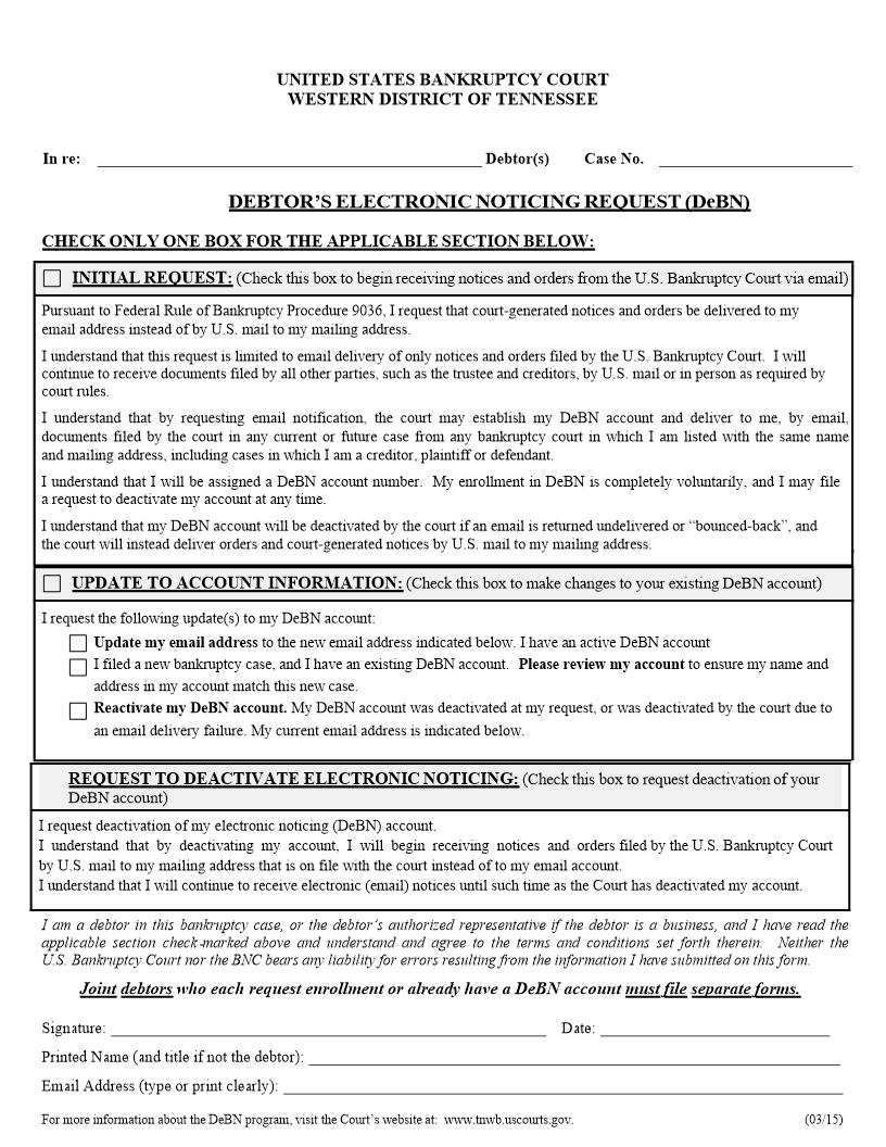 Debtor Electronic Noticing Request {LF027} | Pdf Fpdf Docx | Tennessee